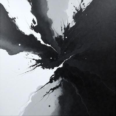 The primary subject of the image is a black and white painting of a large, dark, and swirling mass. The setting is a white background, which contrasts with the dark mass. The visual style is a painting, and the colors and mood are predominantly dark and dramatic.